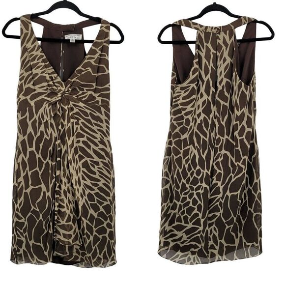 Vintage Dress 10 Silk Brown Giraffe Sleeveless Knotted Draped V-neck Tea Length - Picture 1 of 12